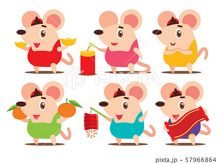 Chinese New Year 2020. Cartoon cute rat set with colourful traditional chinese costume. Cute rat with golds, chinese scroll, fire cracker and mandarin orange - flat art vector mascot set 57966864