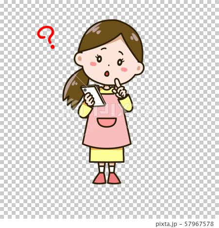 A woman posing wondering by looking at her smartphone Illustration 57967578
