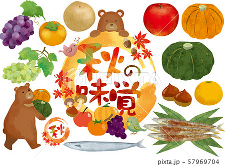 秋の味覚 水彩 秋 秋の味覚 果物 秋刀魚 魚 葡萄 りんご 柿 かぼちゃ 梨 紅葉 栗 熊のイラスト素材
