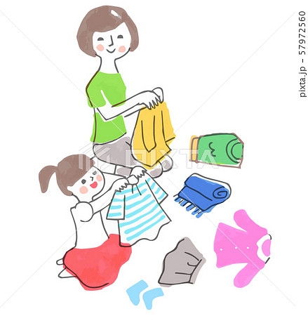洗濯物をたたむ親子のイラスト素材