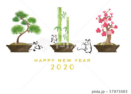 年賀状 盆栽とネズミ 松竹梅のイラスト素材