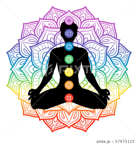 Seven chakras on meditating yogi man silhouette, 57973125