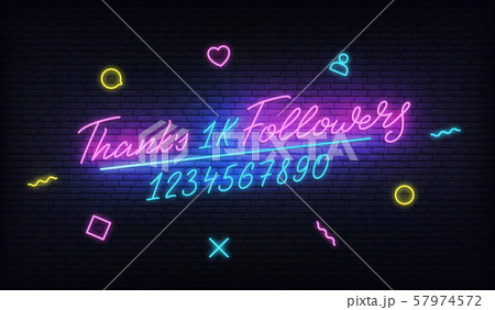 Followers neon Thank's. Social media template followers milestone. Congratulation card with numbers Followers neon Thank's. Social media template followers milestone. Congratulation card with numbers 57974572