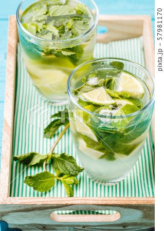 Two glasses of mojito in wooden box with mint 57981170