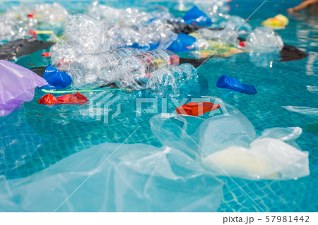 Problem of trash, plastic recycling, pollution and environmental concept - Plastic rubbish pollution Problem of trash, plastic recycling, pollution and environmental concept - Plastic rubbish pollution 57981442