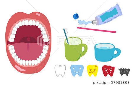 大きく開けた口と歯磨きセット 虫歯イラスト付きのイラスト素材