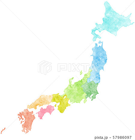 水彩タッチのカラフル日本地図のイラスト素材