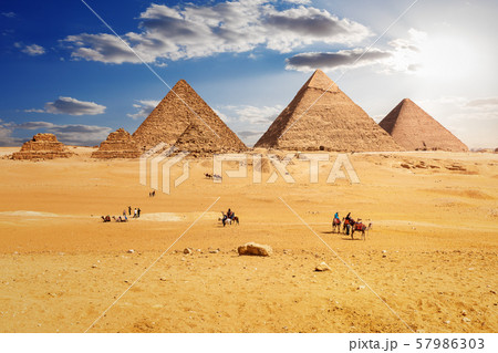 Bedouins near the Pyramids of Giza in Egypt 57986303