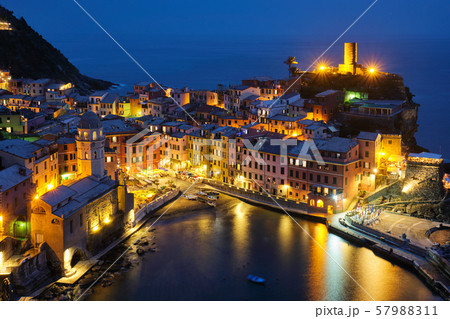 Vernazza village illuminated in the night, Cinque Terre, Liguria, Italy Vernazza village illuminated in the night, Cinque Terre, Liguria, Italy 57988311