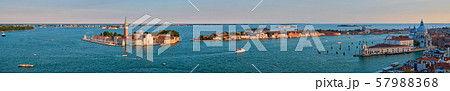Aerial panorama of Venice lagoon with boats and San Giorgio di Maggiore church. Venice, Italy 57988368