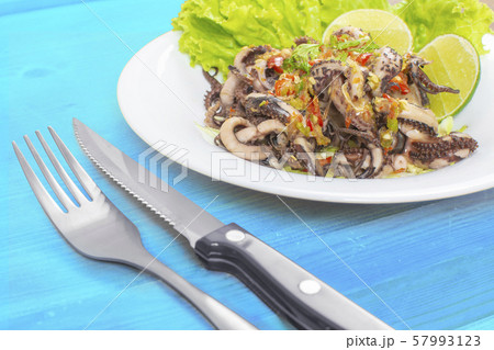 Grilled squid topped with seafood sauce on a white plate with fork and knife decoration. Grilled squid topped with seafood sauce on a white plate with fork and knife decoration. 57993123