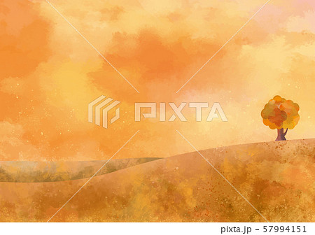 草原 丘 大地 夕焼け 景色 秋 空 自然 背景 水彩 手描き 紅葉 大木 樹木 木のイラスト素材