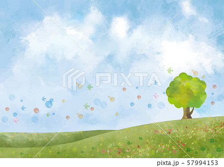 草原 丘 大地 緑 景色 青空 空 自然 背景 水彩 手描き 青空 空 大木 樹木 木のイラスト素材