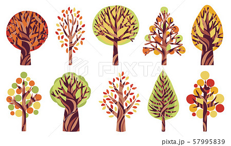 木のイラスト 秋 紅葉 北欧風のイラスト素材