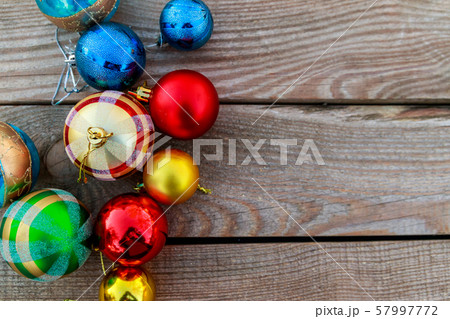 Christmas baubles on wooden background. Top view, Christmas baubles on wooden background. Top view, 57997772