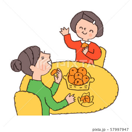 みかんを食べる母と女の子のイラスト素材