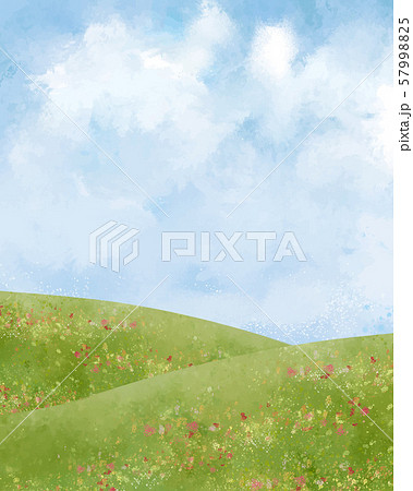 草原：丘　大地　緑　景色　青空　空　自然　背景　水彩　手描き　青空　空 57998825