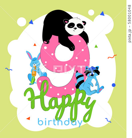 Children 9th birthday greeting card vector template 58001048