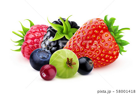 Pile of different wild berries isolated on white background with clipping path 58001418