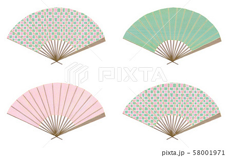和紙の風味を活かした扇子のセットイラスト ピンク 緑 市松模様のイラスト素材