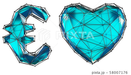Symbol collection euro and heart made of 3d render blue color. Collection of low polly style symbol Symbol collection euro and heart made of 3d render blue color. Collection of low polly style symbol 58007176