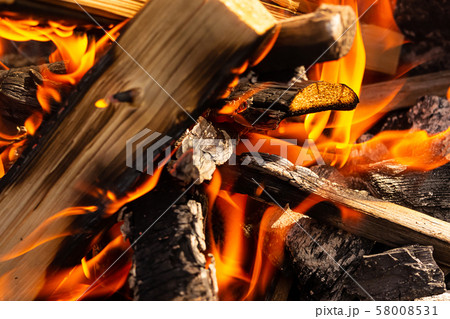 log firewood covered fire bonfire camping 58008531