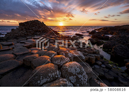 sunset over basalt columns Giant's Causeway, County Antrim, Northern Ireland 58008616