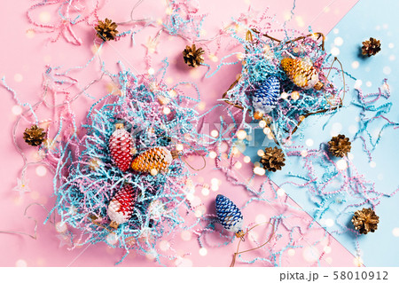 Christmas decoration. Composition in pink and blue tones. Christmas decoration. Composition in pink and blue tones. 58010912