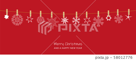 red christmas card with hanging snowflakes 58012776