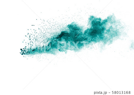 Green color powder explosion cloud on white background. Green dust splash. 58013168