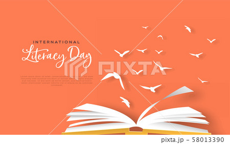 Literacy day papercut card open book birds flying 58013390