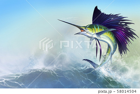 Sailfish fish on white. Striped big marlin. Sports fishing in the open sea. against the backdrop of the waves 58014504