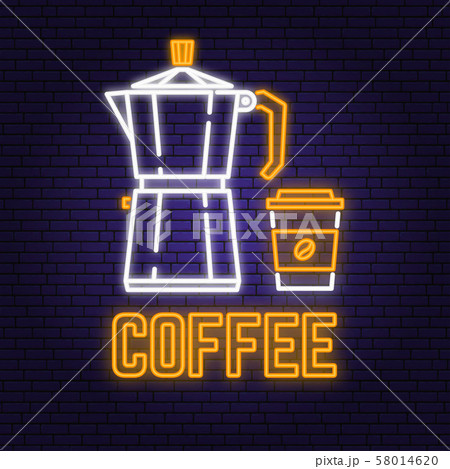 Neon coffee retro sign on brick wall background. Design for cafe, restaurant. Vector. Neon design 58014620