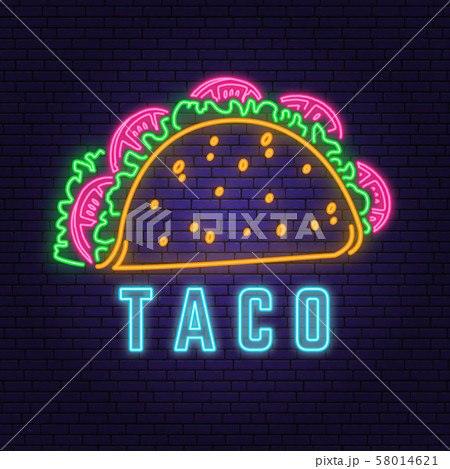 Neon mexican taco retro badge design. Design for cafe, restaurant. Vector. Neon design for pub or 58014621