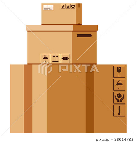 Vector flat design cartoon style illustration cardboard boxes stack with packaging sings isolated on 58014733