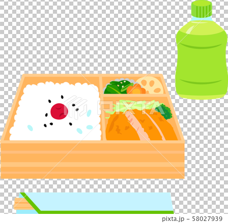 市販の弁当とペットボトル入りのお茶と割り箸	 58027939