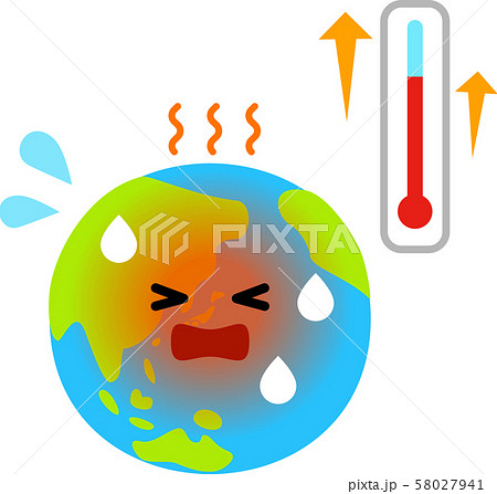 温暖化した地球のキャラクターと温度計 のイラスト素材