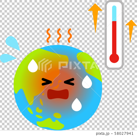温暖化した地球のキャラクターと温度計 のイラスト素材