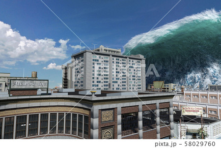 Tsunami wave apocalyptic water view urban flood Storm. 3D illustration 58029760