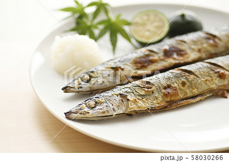 サンマ 秋刀魚 さんま 秋 焼き魚 大根おろし カボス ダイコン 季節 秋の味覚 塩焼きの写真素材