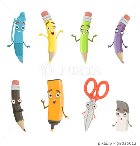 Cartoon characters of different drawing tools. Pencils, pen and others Cartoon characters of different drawing tools. Pencils, pen and others 58035012
