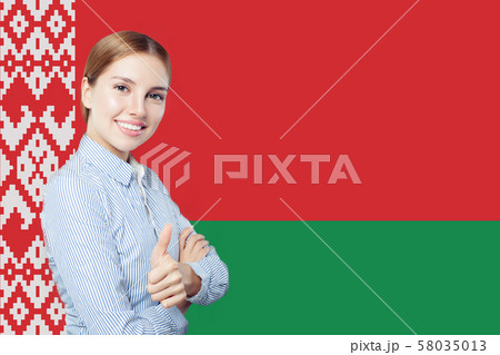 Love Belarus concept. Happy cute woman Love Belarus concept. Happy cute woman 58035013