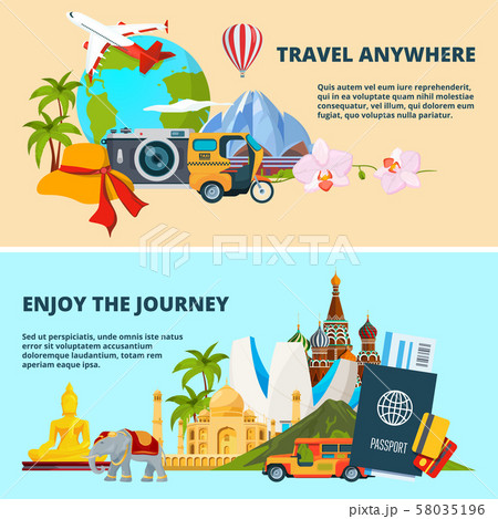 Illustrations of travel theme with pictures of different world landmarks 58035196