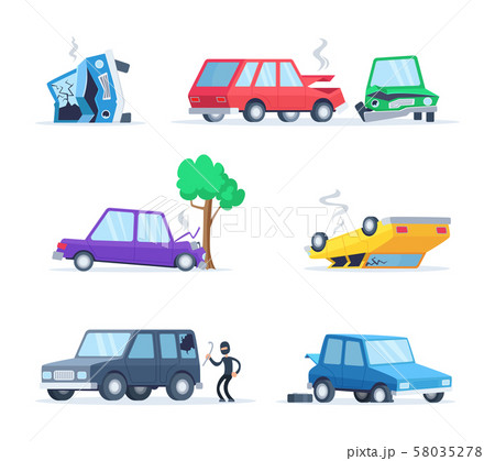 Vector pictures set of different accidents on the road. Big damage of cars Vector pictures set of different accidents on the road. Big damage of cars 58035278