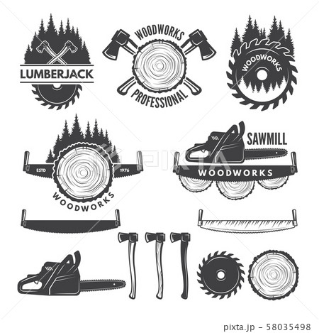 Monochrome labels set with lumberjack and pictures for wood industry 58035498