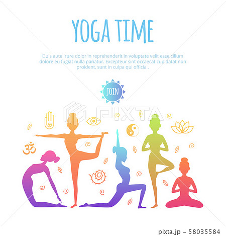 Fitness illustrations with different people making yoga practice 58035584