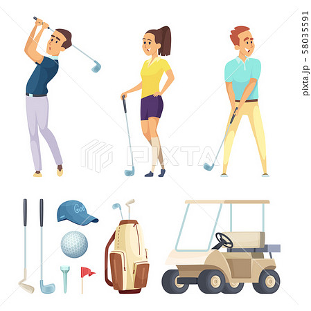 Sport characters and various tools for golf players. Vector cartoon mascots 58035591