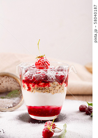 delicious dessert of fresh raspberries and 58040187