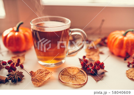 Autumn hot steaming cup of tea. 58040609