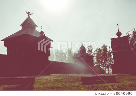 Traditional Siberian wooden house in the Taltsy Architectural-Ethnographic Museum. 58040990